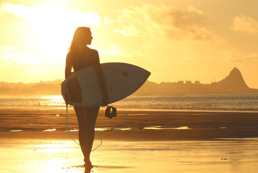 Beach, Surfer, Surfboard, Dawn, Girl, Ocean, Recreation